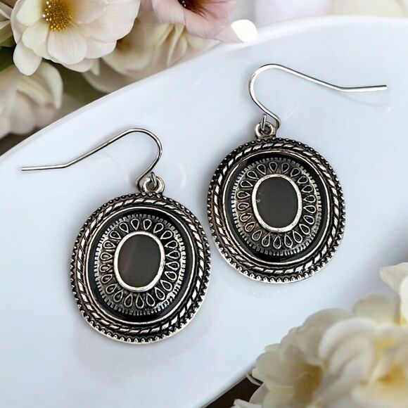 Designer Statement Earrings Antique Silver Tone Black Enamel Women's 12N - Picture 1 of 4